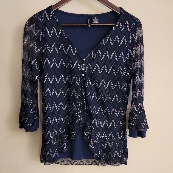 new directions Tops - New Directions Navy and White Lace Blouse